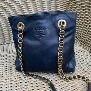 Prada shoulder bag blue leather quilted gold chain
